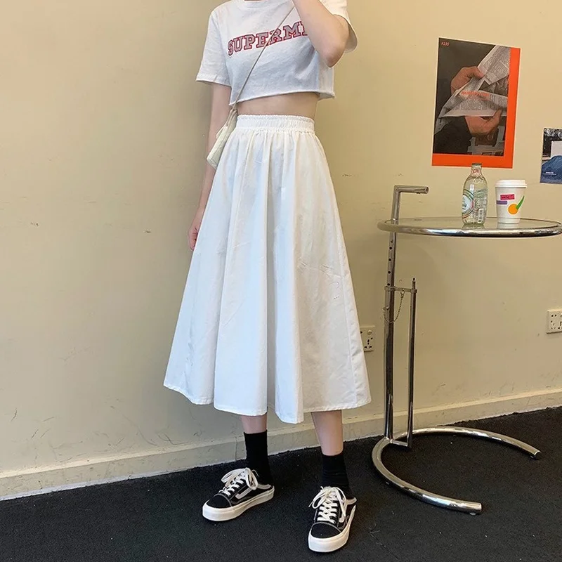 

Summer and Spring Solid Loose High Waist Elastic A-line Long Skirts Korean Fashion Midi Skirts for Women Casual BF Streetwear