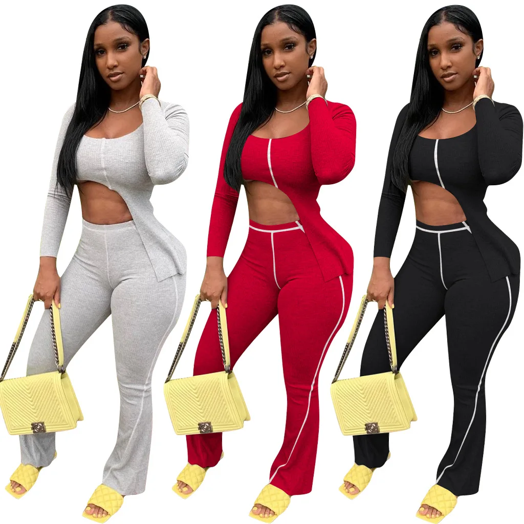 

Пот ребристые костюмы Высокая растягивающаяся Асимметричная кроп-топ с длинным рукавом + широкие леггинсы женские соответствующие наборы ...