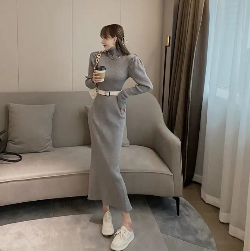 

Fashion Puff Sleeve Sweater Dress Women Autumn Winter Sexy Front High Slit Long Slim Wrap Bodycon Knitted Dresses s555