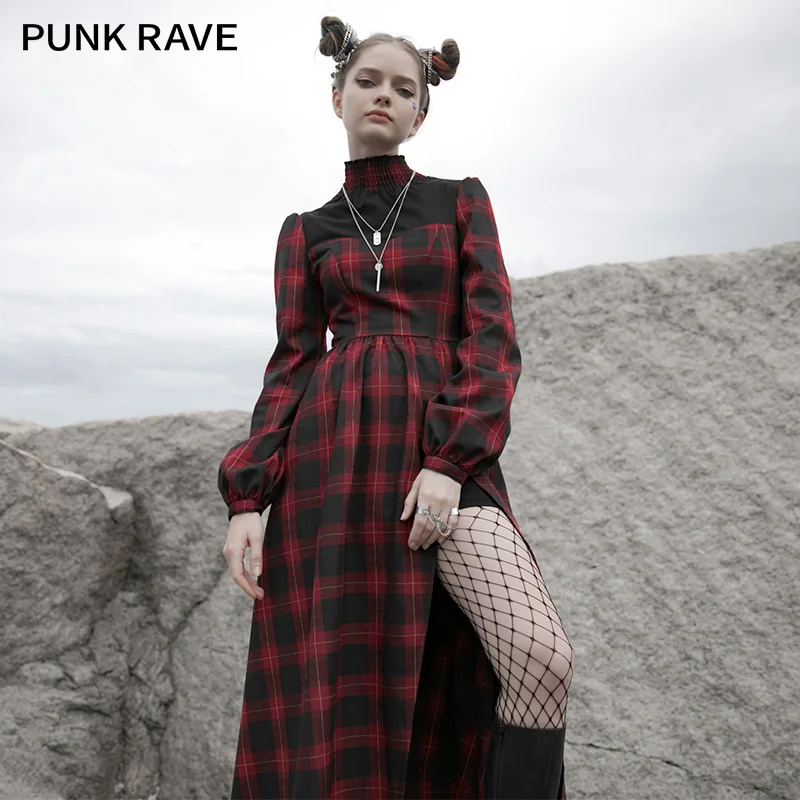 

Женское платье в стиле Панк RAVE, красно-черное платье в уличном стиле, привлекательное длинное Повседневное платье с высоким воротником и Бо...