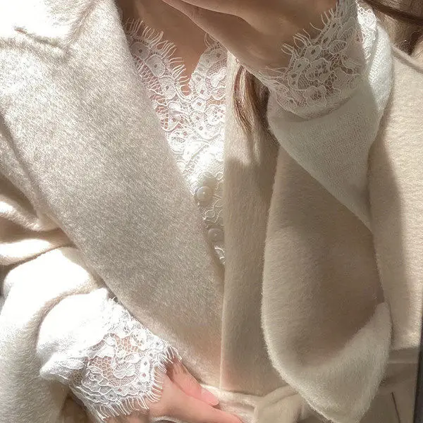 Двусторонняя плюшевая рубашка с V образным вырезом кружевная простроченная