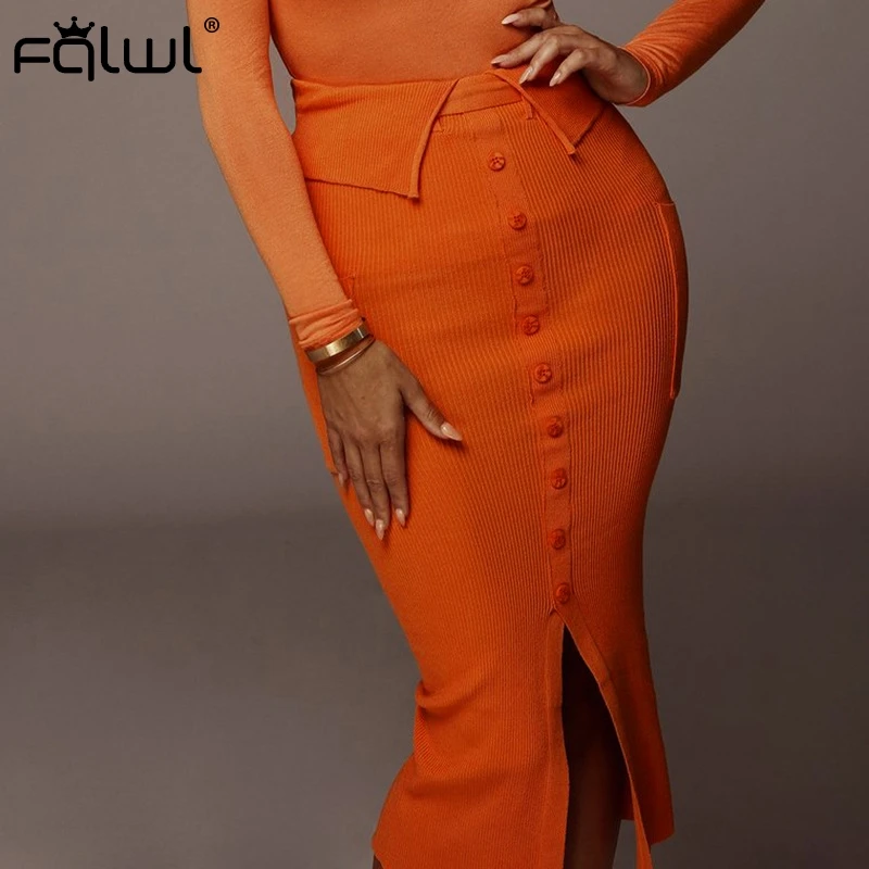 FQLWL вязанные в рубчик сексуальные юбки женские с разрезными пуговицами оранжевая
