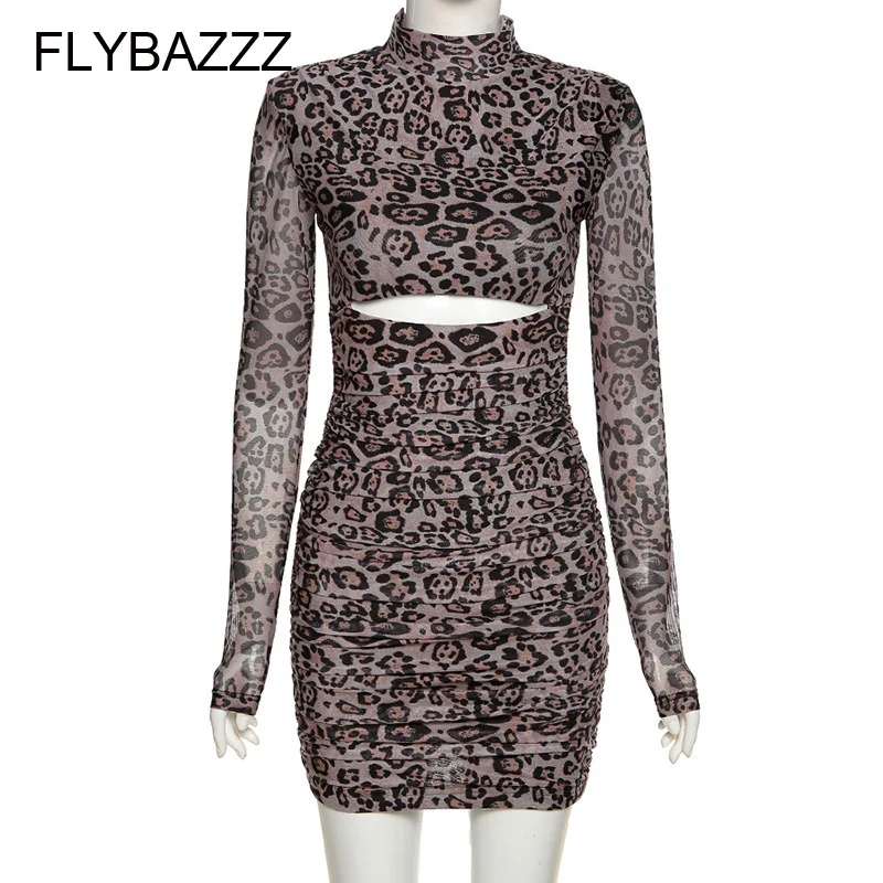 

Sexy Stacked Leopard Print Bodycon Mini Dress Women Chic Casual Hollow Out Package Hip Dress Autumn Club Party Dress Streetwear