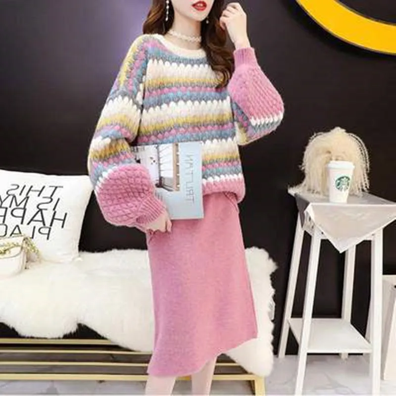 

Autumn Winter Lady temperament Suits Colorful Loose Striped Sweater + Solid Casual High Waist Skirt Two Piece Set Women 2020