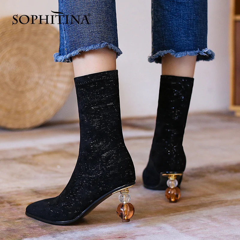 

SOPHITINA Women Boots Black Concise Elegant Ladies Ankle Boots Small Square Toe Strange Style High Heel Vogue Shoes Women SO660