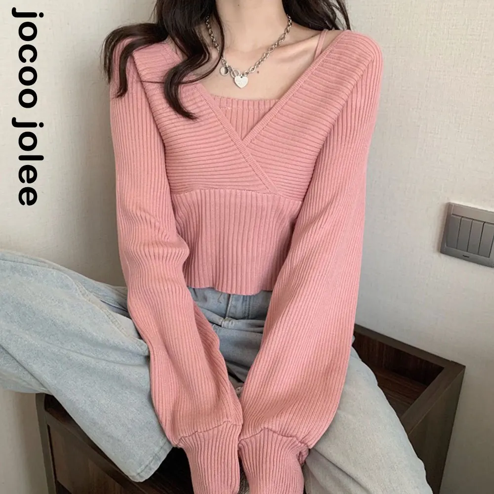 

Sexy Fake Two Piece Sweater Women's Spaghetti Strap Long Sleeve Autumn New Style Backless Crop Top Korean Fashion Club Blouse