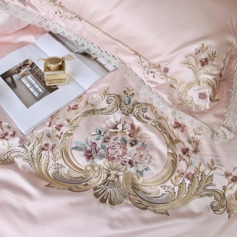 

42 Pink red silver Luxury Silk Satin duvet cover bedding set queen king size palace Embroidery bed set bed sheet