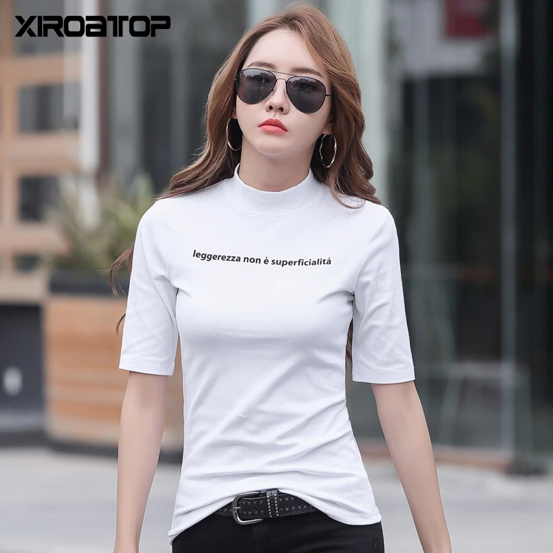 

Hot Sale Spring summer Half Turtleneck T-shirt Women Casual Cotton Short Sleeve Tee-Shirts Female Tops Women New Fashion S-3XL