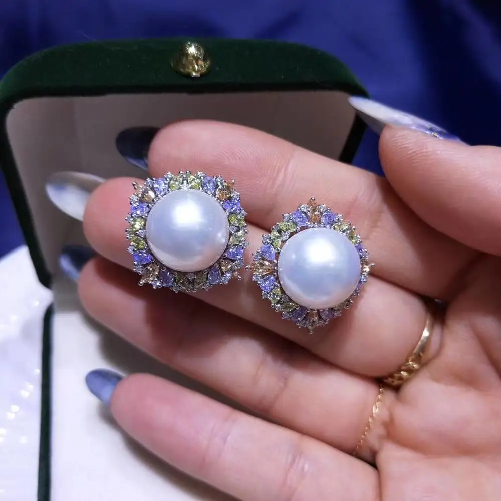 

Original Handmade unique S925 sterling silver natural freshwater big white round pearl 12-13mm Stud Earrings