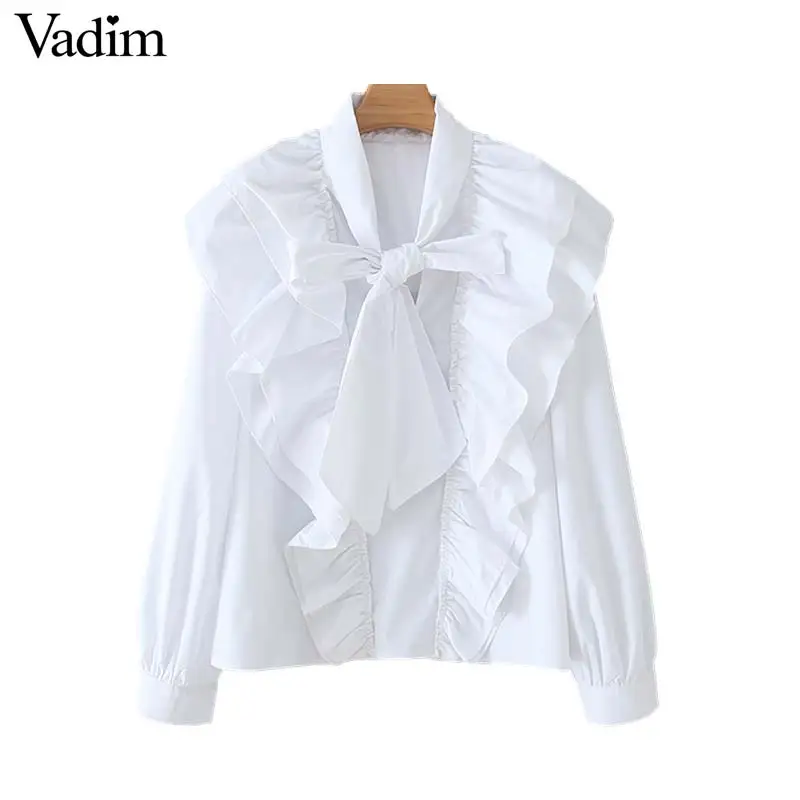 Vadim женский шикарный галстук бабочка белая блузка оборки с длинным рукавом