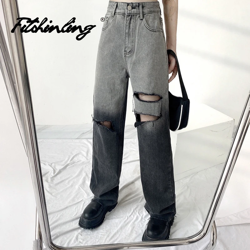 

Прямые джинсовые брюки Fitshinling, градиентные рваные джинсы, готические состаренные винтажные брюки, уличный стиль, темные панковские брюки с ...