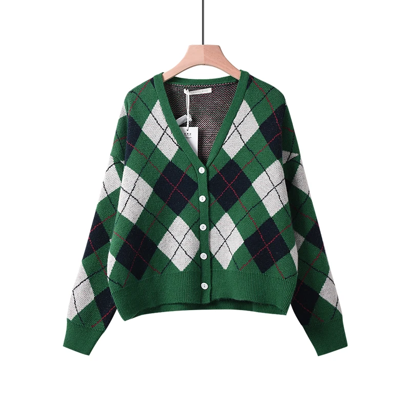 

Sweater Jacket Cardigan Women's 2021 Early Autumn New Long-Sleeve Sweat Cool Knitted Top Rhombus Plaid V-neck Single-breasted