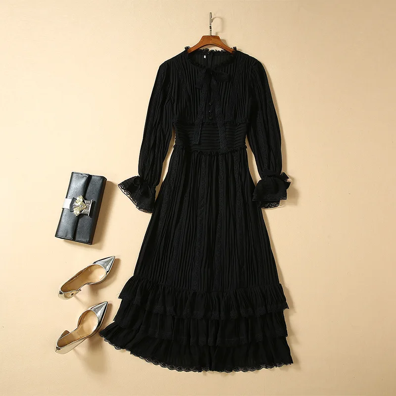 HIGH QUALITY New Fashion 2019 Designer Runway Dress Women's Long Sleeve Lace Patchwork Pleated Midi | Женская одежда