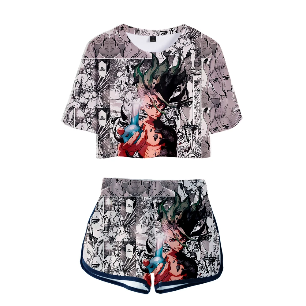 

WAWNI Dr.Stone Exposed Navel T Shirt 3D Fashion Suit Harajuku Polyester Casual Shorts Two Piece Set Women Unique Loose Set Anime