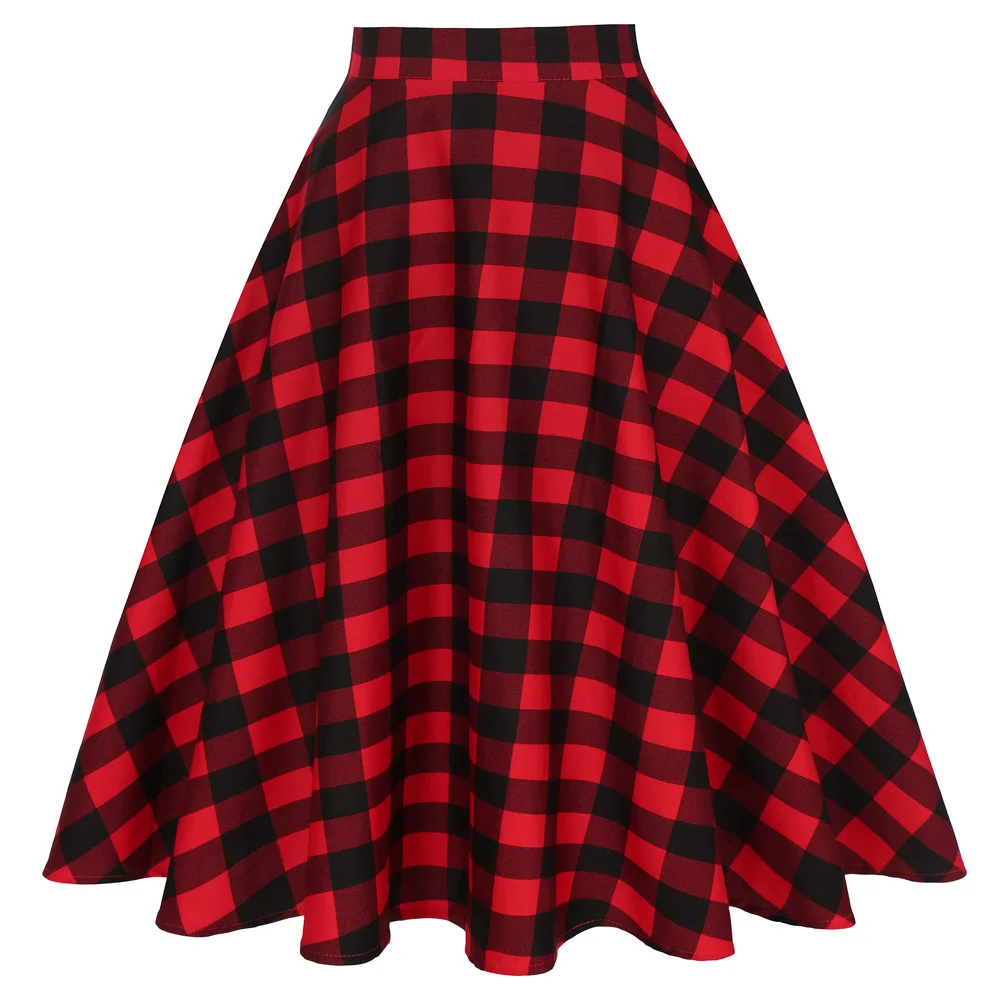 

2020 Ladies Cotton Checkered Skirts Womens Spring Swing Vintage Rockabilly Black Red Plaid Women Long Midi Skirt SS0006