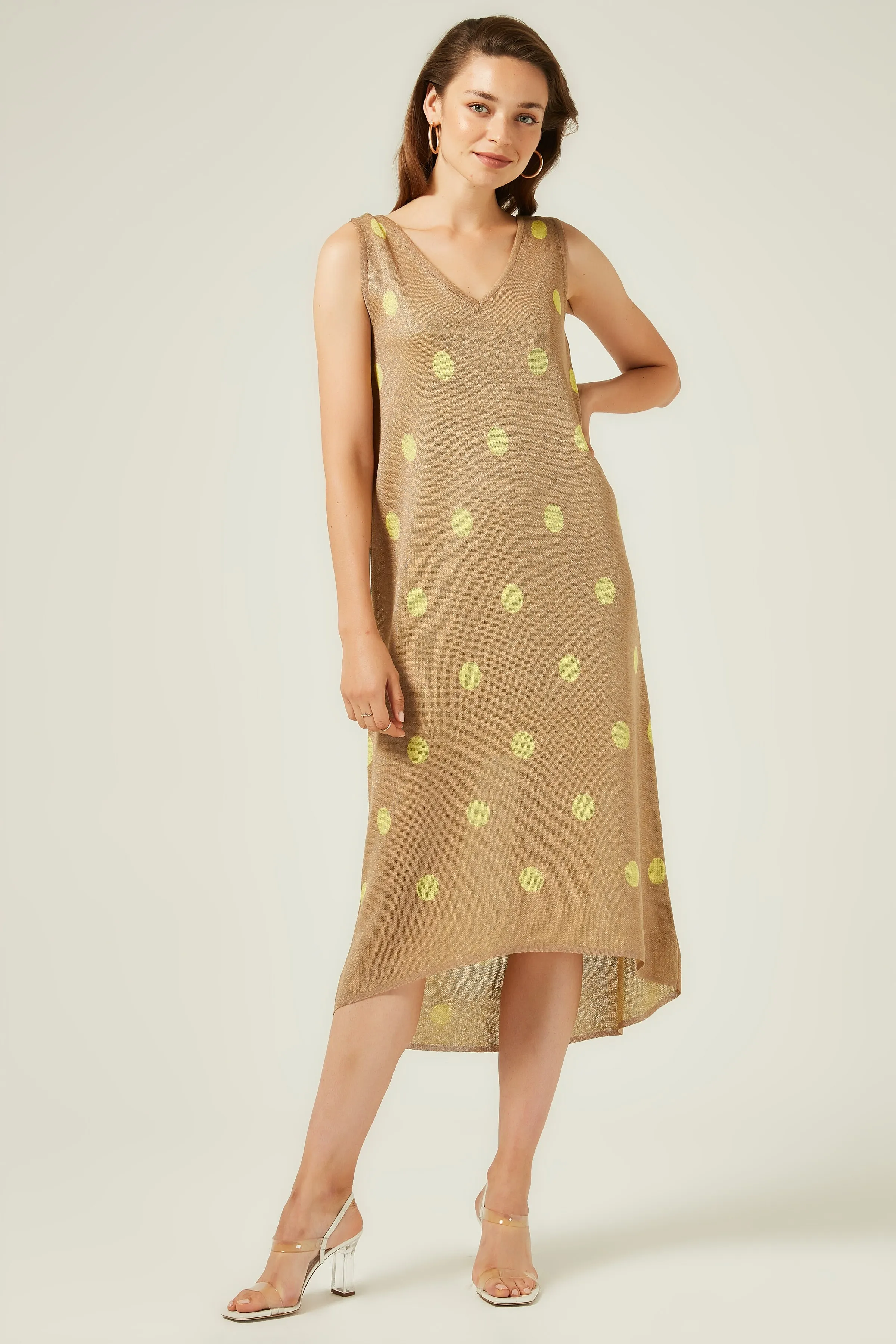 Платье-Свитер в горошек с v-образным вырезом-K. Бежевый | Женская одежда