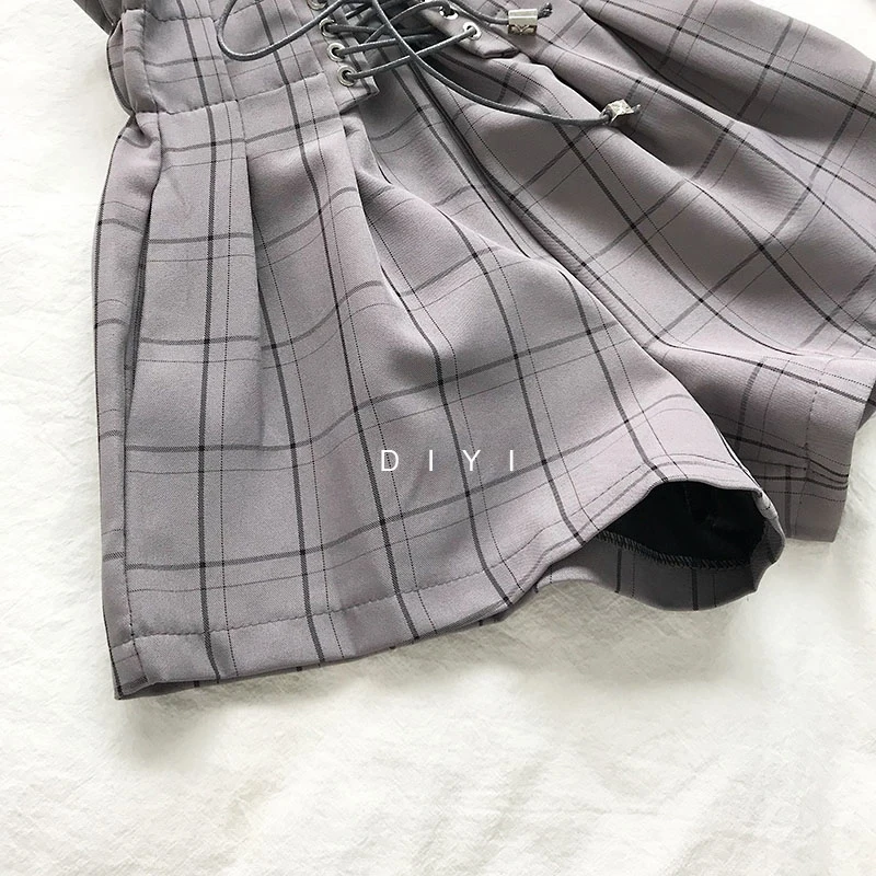 

2020 Fashion Women Japanese Harajuku Retro Plaid Summer Shorts Gray High Waist Lace Up Wide Leg Shorts INS Girls Hot Shorts