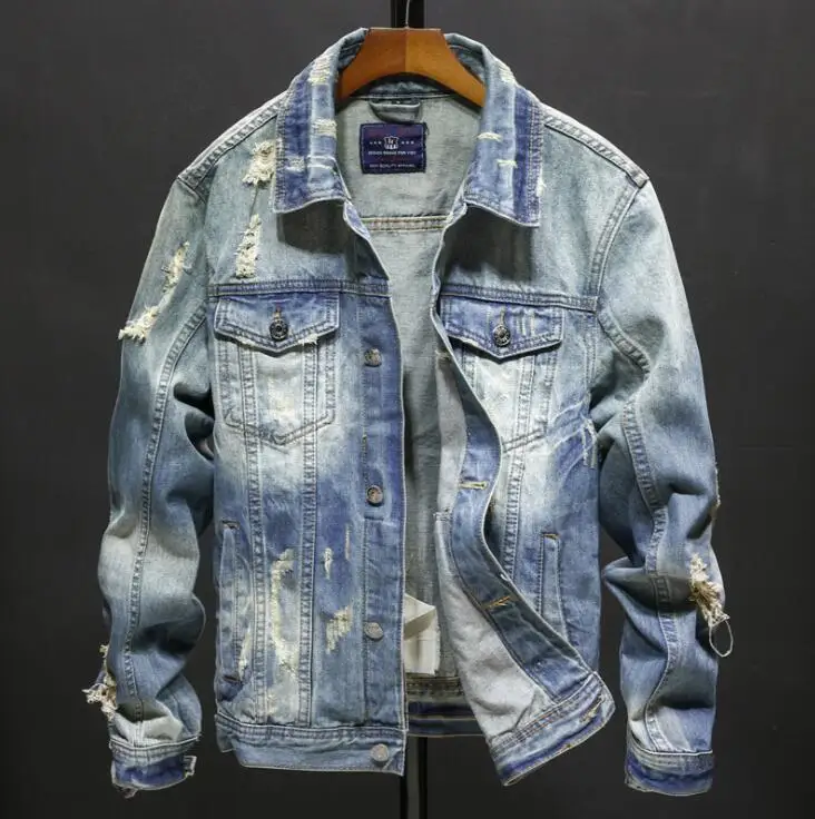 Autumn new arrivals denim jacket men's self-cultivation ripped European and American style lapel denim coats long-sleeved
