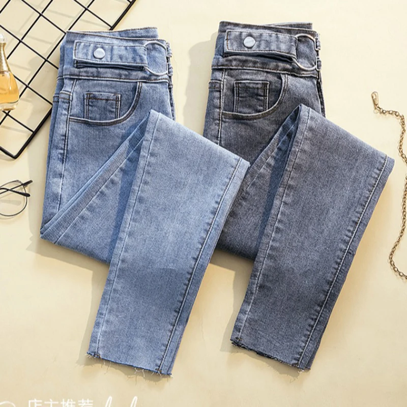 

100Kg 4Xl Large Size Women Spring Fall Vintage Ring High Waist Solid Color Slim Casual Jeans Office Lady Pencil Leg Denim Pants