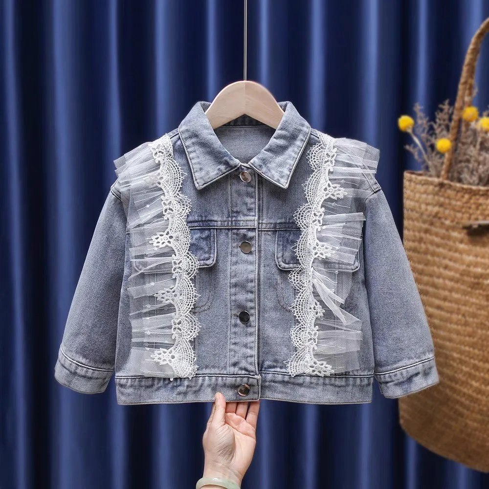 

Spring Autumn Kids Denim Jackets for Girls Fashion Child Kids Lace Princess Coats Outwear Ripped Jeans Jackets Jean