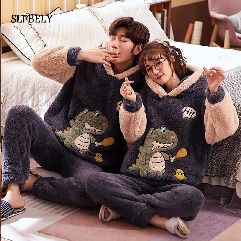 

SLPBELY Coral Fleece Couple Pajamas Set Homesuit Winter Cartoon Long Sleeve Men And Women Nightwear Thicken Hoode Lovers Pyjamas