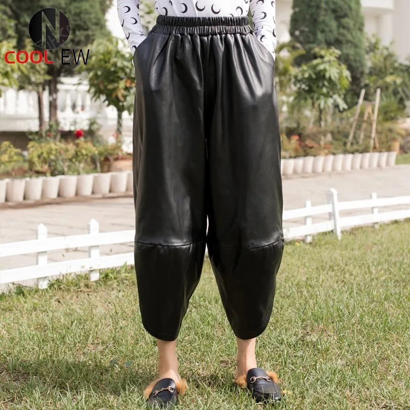 

Winter New Elastic Waist Baggy Plus Size Real Leather Pants Women Casual Loose Genuine Sheepskin Leather Trousers Harem Pants