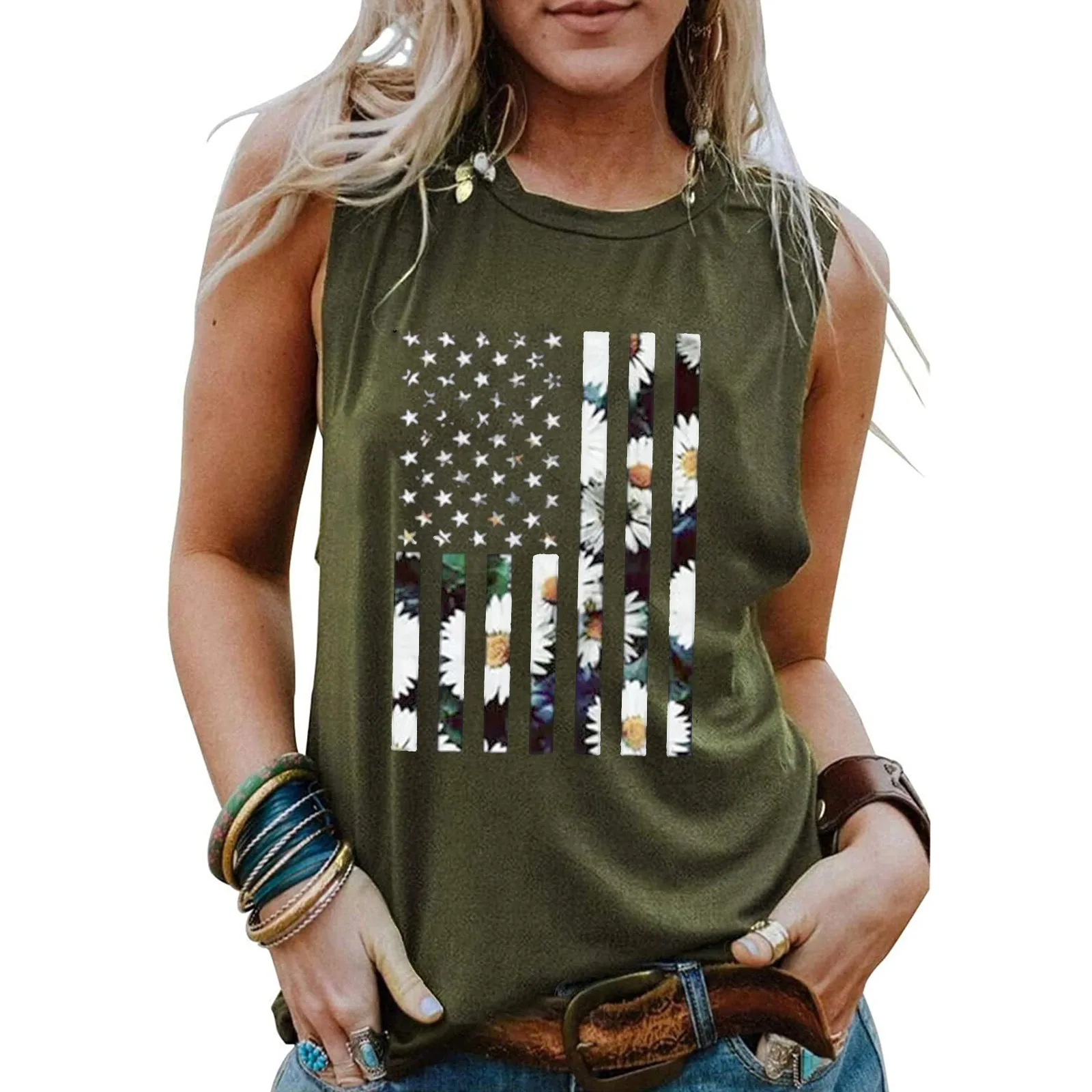 

Women's Casual Fashion Loose Round Neck Independence Day Print Undershirt Tops summer clothes for women