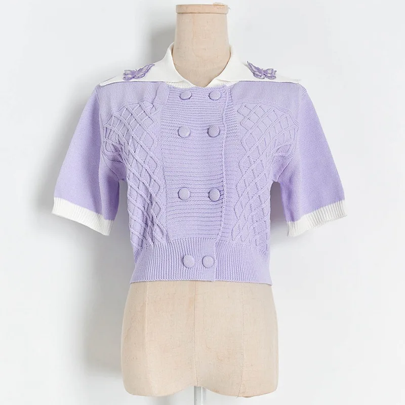 

Beige Sweet Gentle Hook Floral Lantern-Sleeved Girls Knitted Korea Cute Chic Free Simple Fresh Cardigans Sweaters Short Button