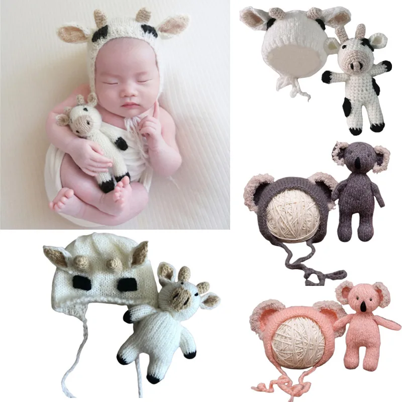 

1Set Newborn Photography Prop Costume Crochet Knitted Baby Beanies Cap With kawaii Stuffed Cow Toy Infant Photo Shooting Clothes