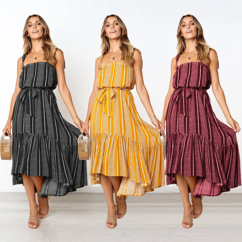 

2021Summer new bandage suspender print holiday style beach skirt front short back long stripe Ruffle Dress Free shipping