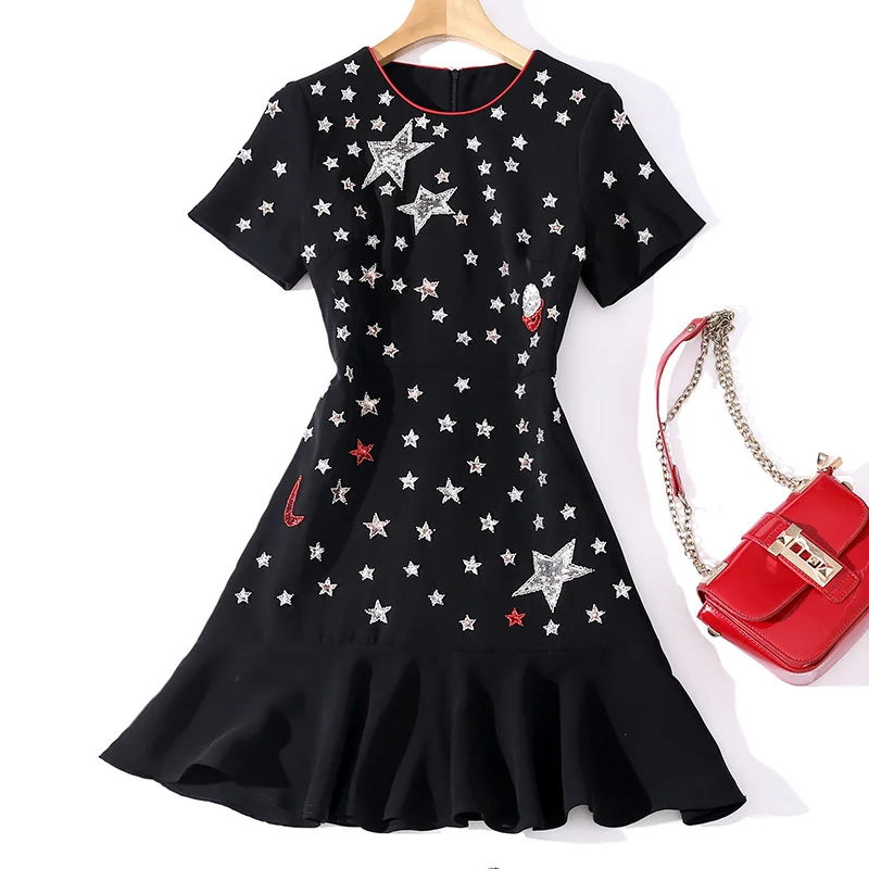 

Fashion Designer Summer New Elegant Dress Casual Holiday Party Exquisite Dazzling Beaded Five-Pointed Star Mermaid Mini Dress