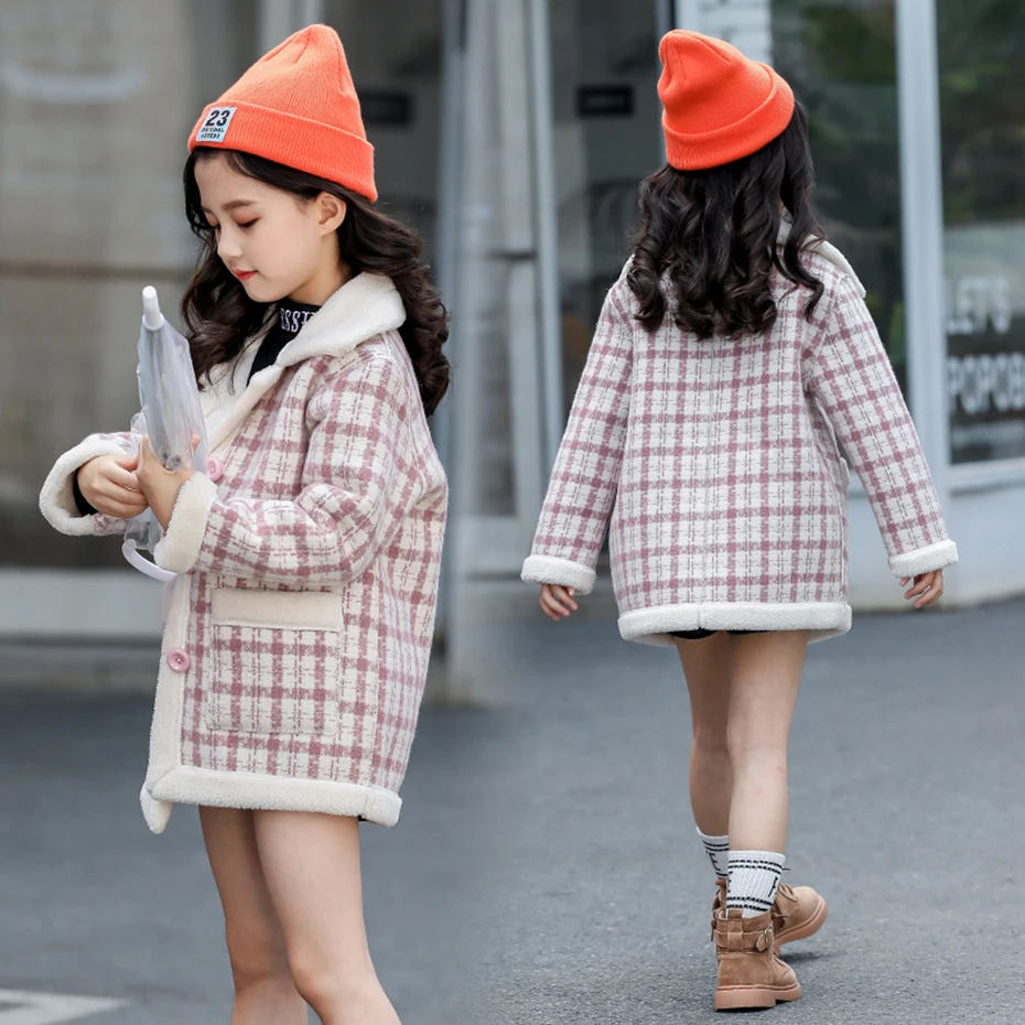Плотное пальто для девочек шерстяное в клетку детская верхняя одежда из плюша