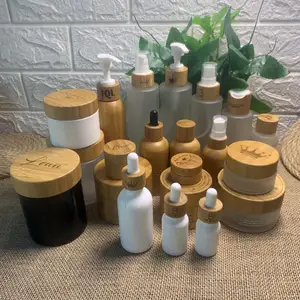 Whoelsale Bamboo Container Empty Glass Bottle For Cosmetic Toner Lotion And Glass Jar Plastic Jars For Ccrub Cream Facial Scrub
