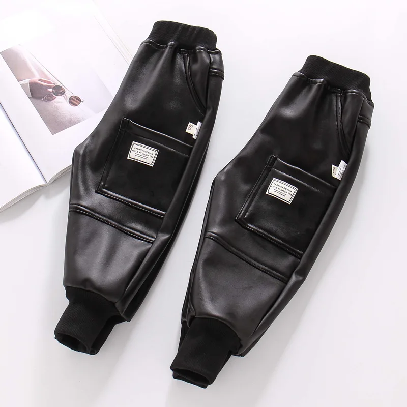 Детские повседневные кожаные брюки для девочек зимние плотные теплые мальчиков