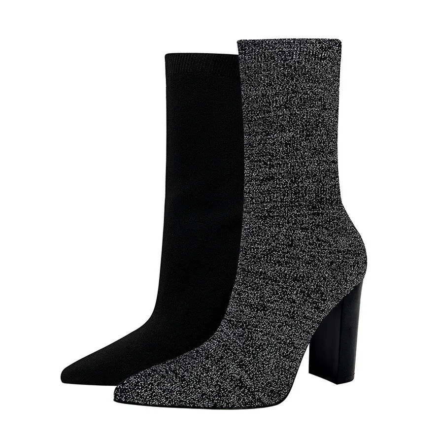 

BIGTREE Fashion Winter Women Boots Knitting Shoes Woman Socks Boots Thick Heel Designer Heels Buty Mid-calf Mujer Female Shoes