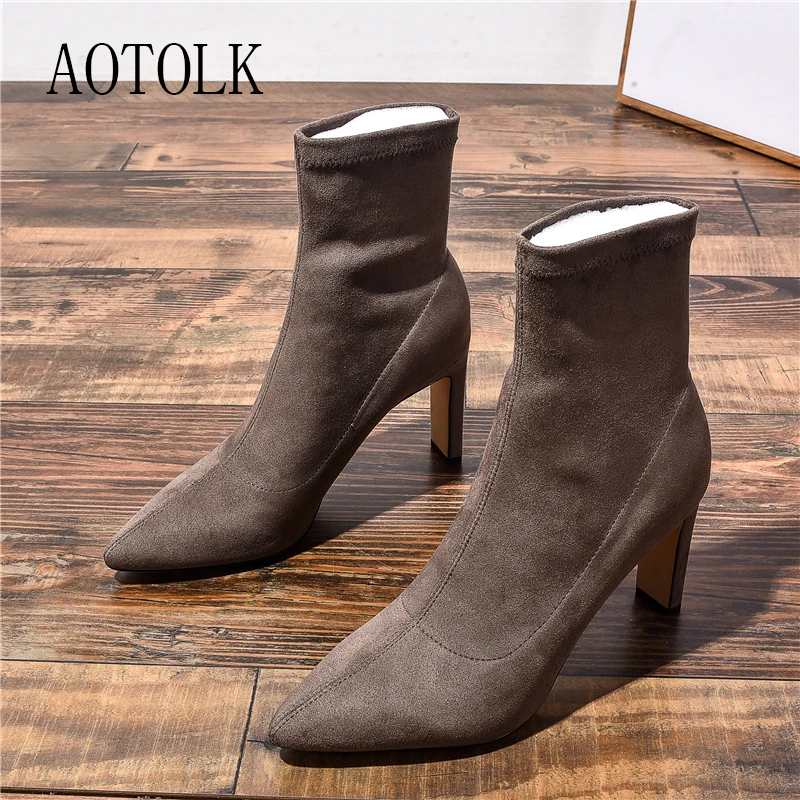 Женские зимние ботинки из флока женская обувь на толстом каблуке ботильоны с