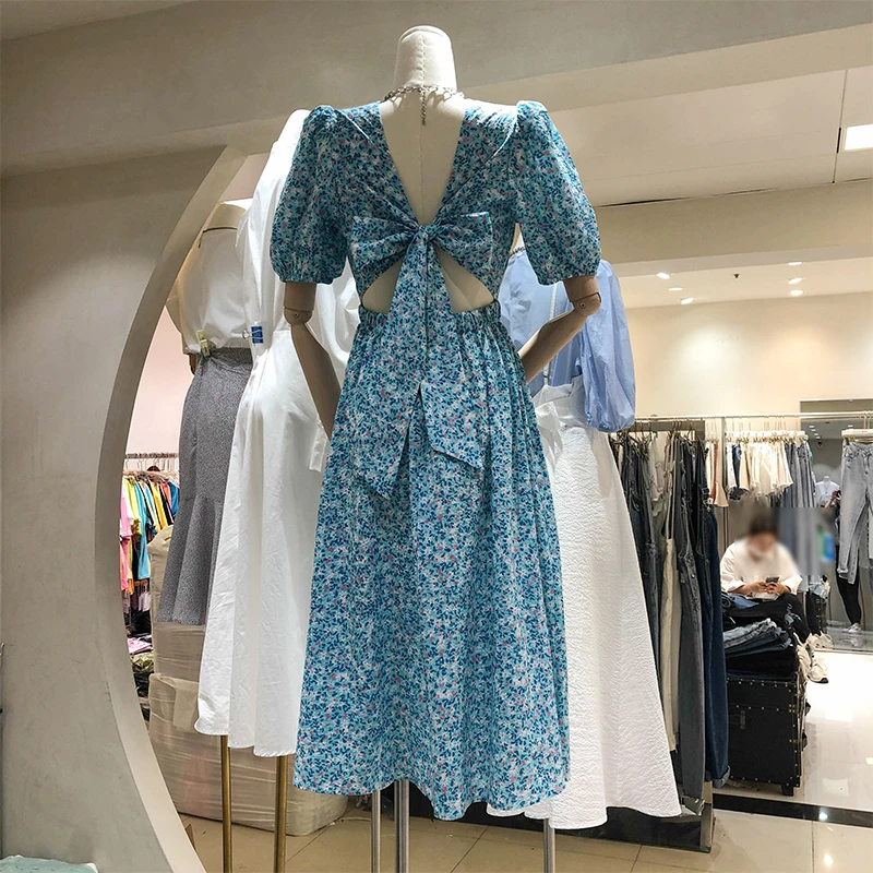 

Printing Floral Dress 2021 New Summer Backless Bow Ultra Long Dresses for Women Slim Waist Elegant Short Sleeve Fairy Dress