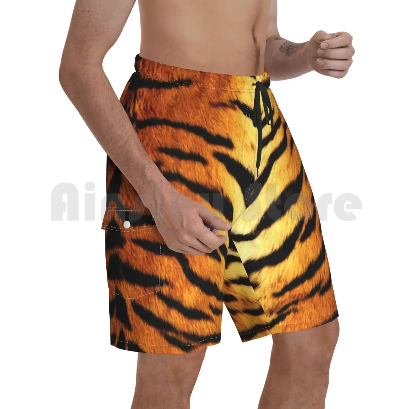 

Realistic Tiger Skin Print Beach Shorts Men Beach Pants Swim Trunks Tiger Animalprint Realistic Skin Orange Black