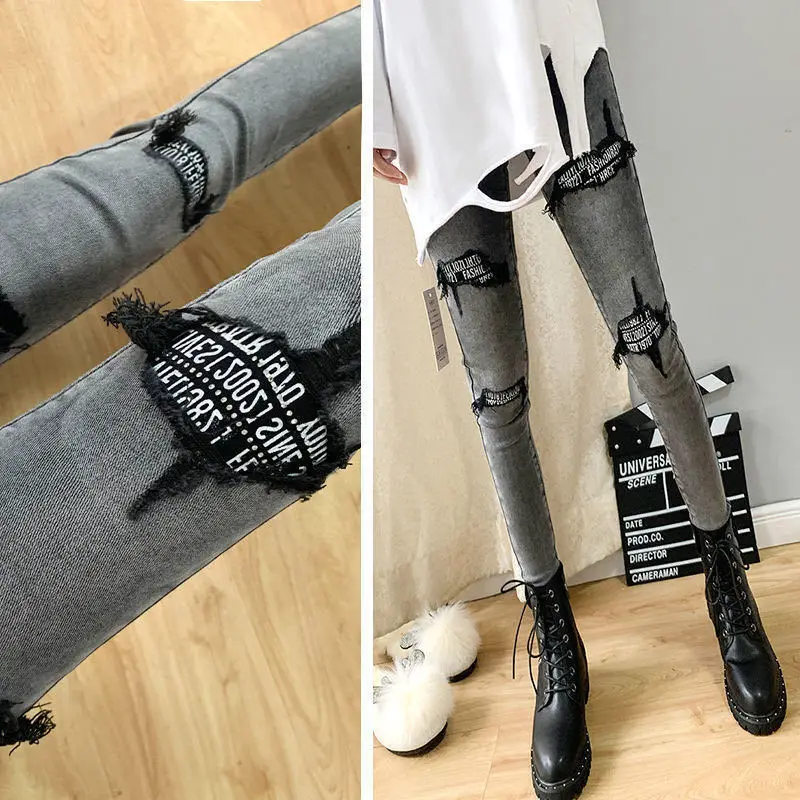 

Spring Autumn Plus Size Hole Sequined Jeans Women Streetwear High Elastic Stretch Skinny Pencil Pants Female Denim Trousers