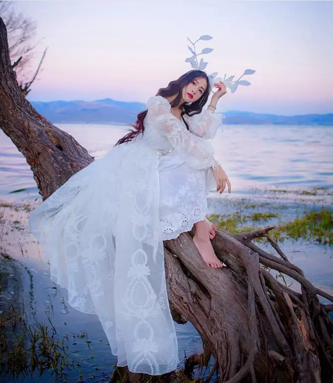 Высококачественное новое женское платье шифоновое Кружевное белое длинное с