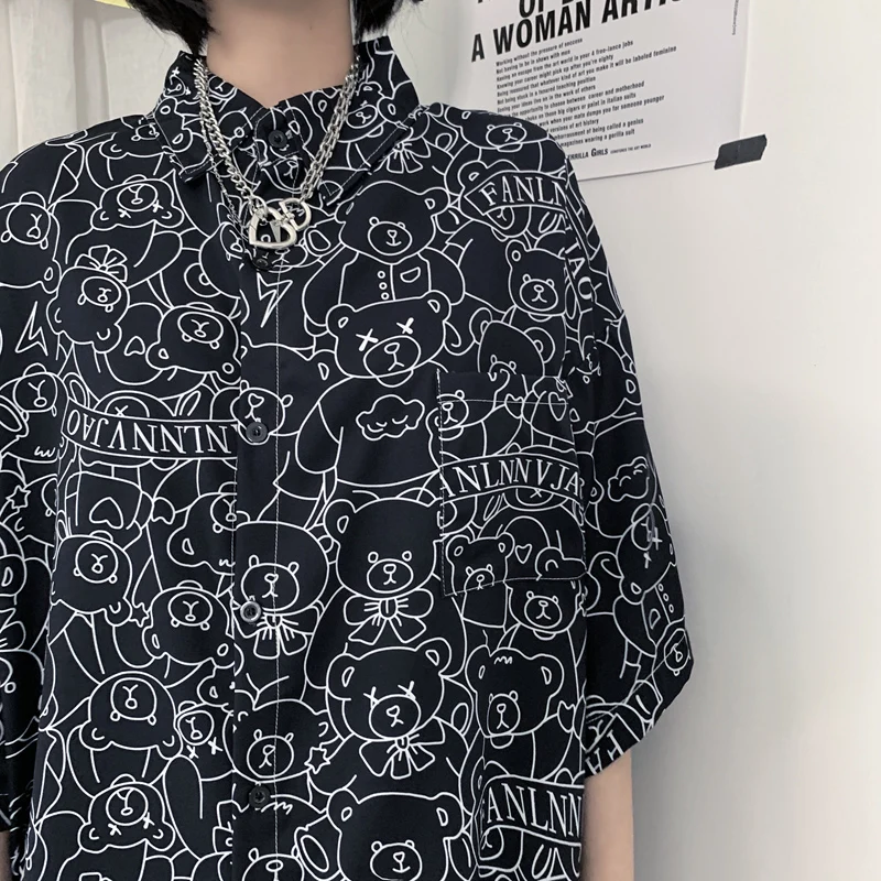 

New Summer Shirt Women Loose Short Sleeve Blouse Vintage Man Shirt Cartoon Pattern Shirt Plus Size Shirt Streetwear Shirt