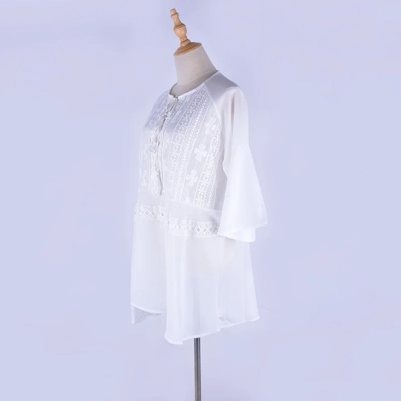 

New Chiffon Lace Beach Cover Up Women Summer Beach Dress Bikini Swimsuit Cover Up White Beach Short Skirt Trumpet Sleeves Blouse