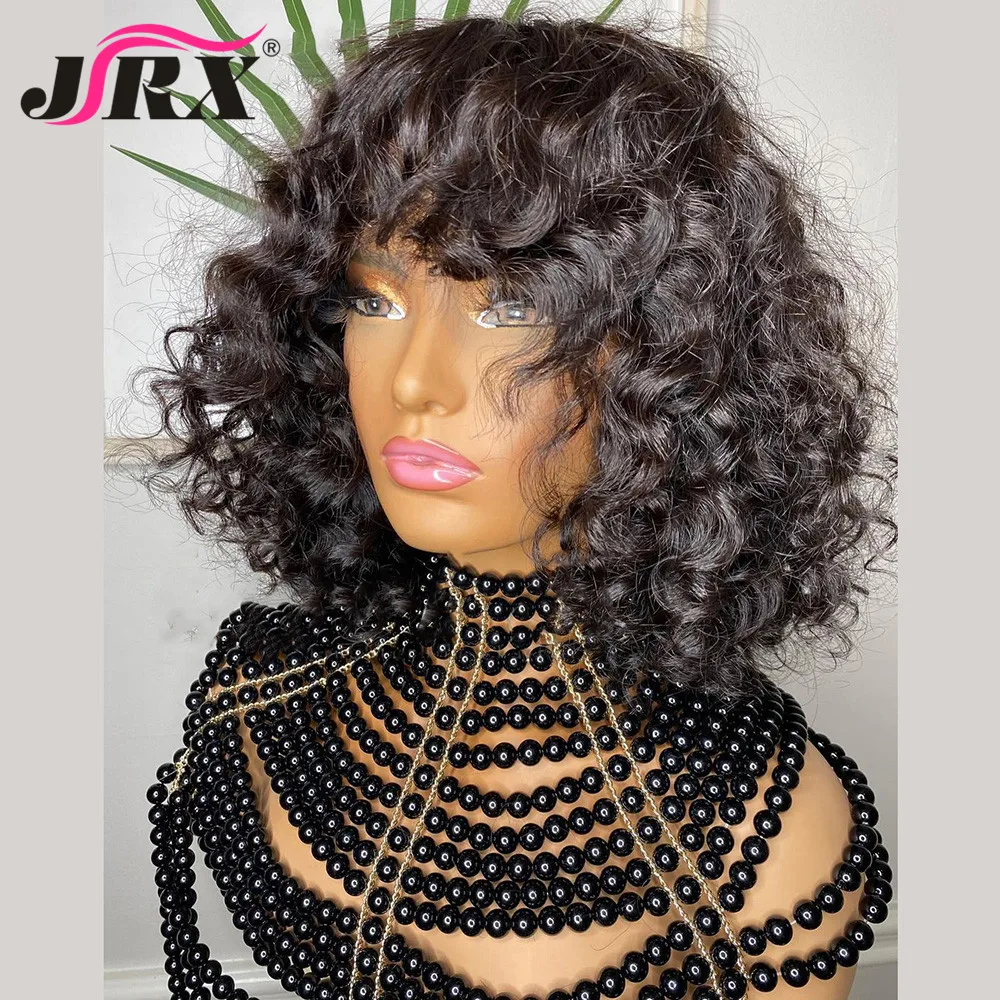 

Loose Curly Human Hair Fringe Wigs for Women Peruvian Remy Curly Full Machine Made Short Bob Human Hair Wigs with Bangs Glueless