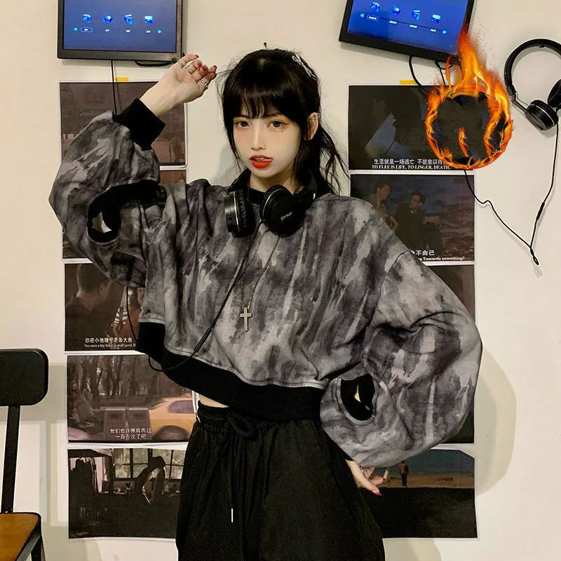 

2021 Spring Autumn New Short Loose Womens Long Sleeve Female Tie Dye Hole Thicken Warm Women Sweatshirts Lady Fashion Y186