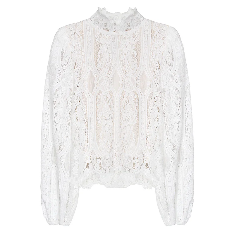 

LANMREM Women White Lace Big Size T-shirt New Turtlenck Puff Long Sleeve Fashion Sweet Tide Spring And Autumn 2021 2E1350