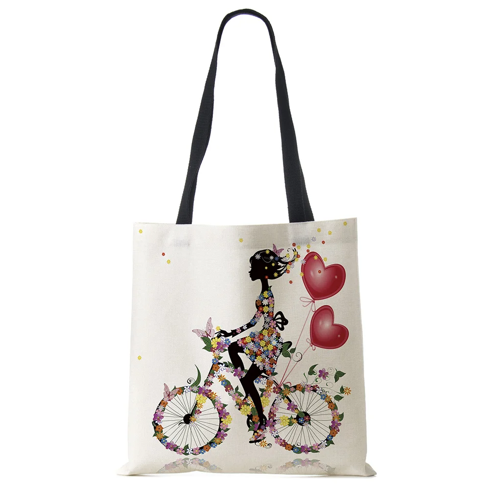 Wishing Girl Print Linen Reusable Shopping Bags Women Large Tote Bags 2020 Fashion Handbags With Customized Printed images - 6