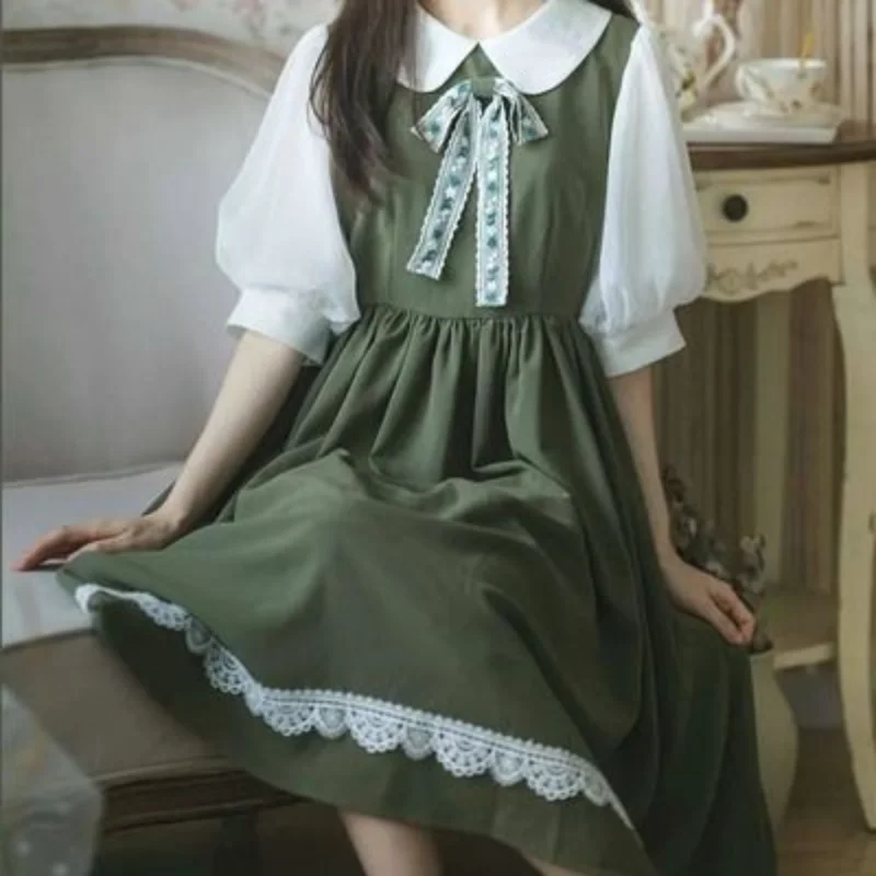 

Green Dress Women Kawaii Vintage Dresses Bow Sweet Cute Streetwear Chiffon Puff Sleeve Lace Preppy Style Summer Outfits