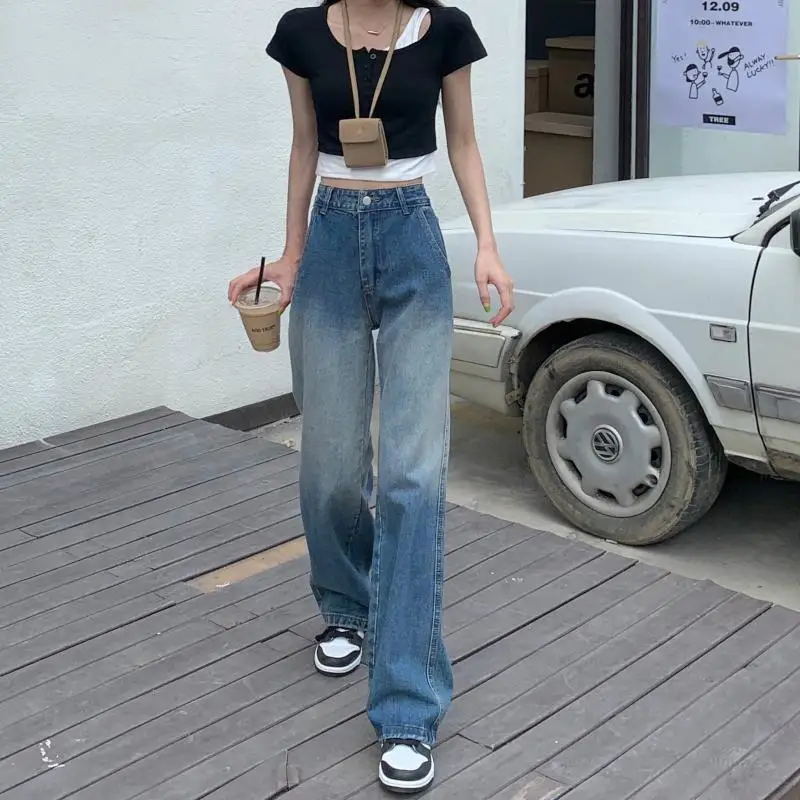 

2021 New High Waist Straight Gradient Jeans Women Summer Korean Version Loose Thin Female Wide-leg Pants Vintage Ins Pants Trend