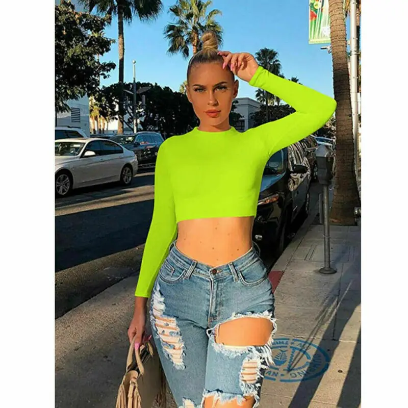 

Womens Long Sleeve Turtleneck Solid Crops Tops Casual T-Shirts