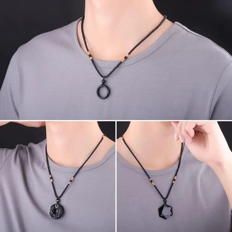 Натуральный черный обсидиан оникс кулон ожерелье Счастливые амулеты для мужчин